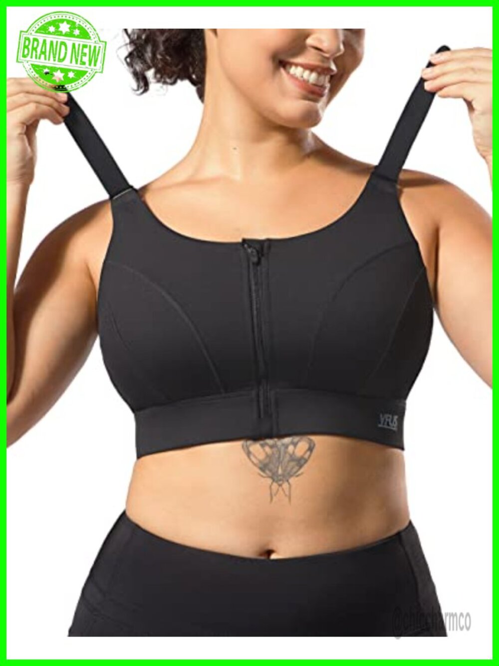 Adjustable High Support Zip Front Sports Bra Full Coverage Wireless Padded Yoga